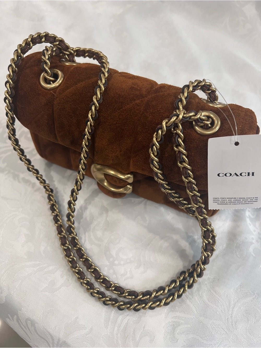 Coach Tabby 20 Quilted Suede Shoulder Bag in Warm Brown with Gold Chain - Picture 6 of 9